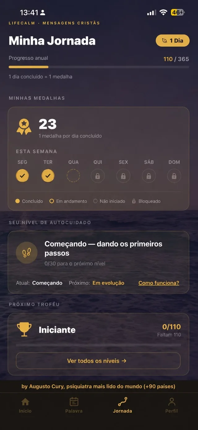 Jornada com medalhas e progresso anual no LifeCalm