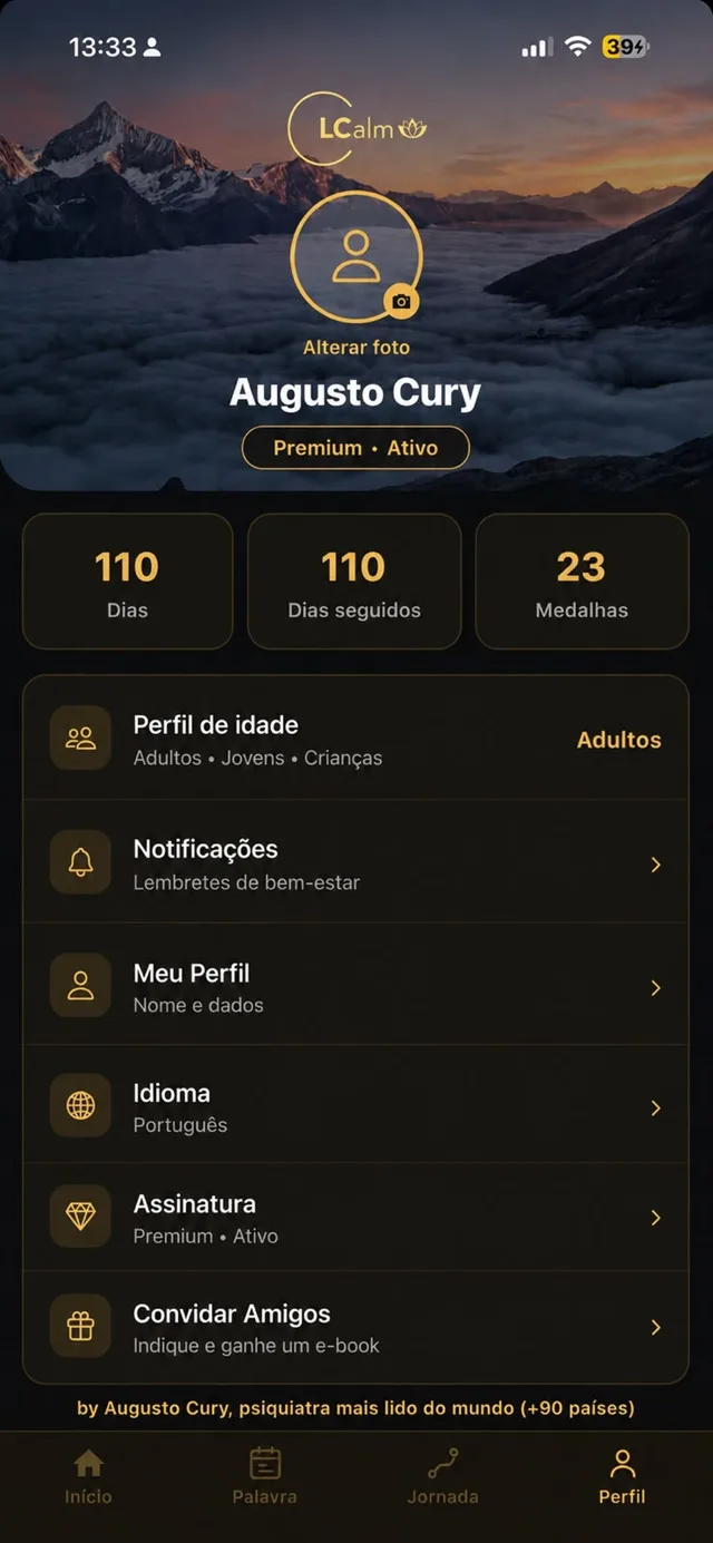 Perfil com dias seguidos e conquistas no LifeCalm