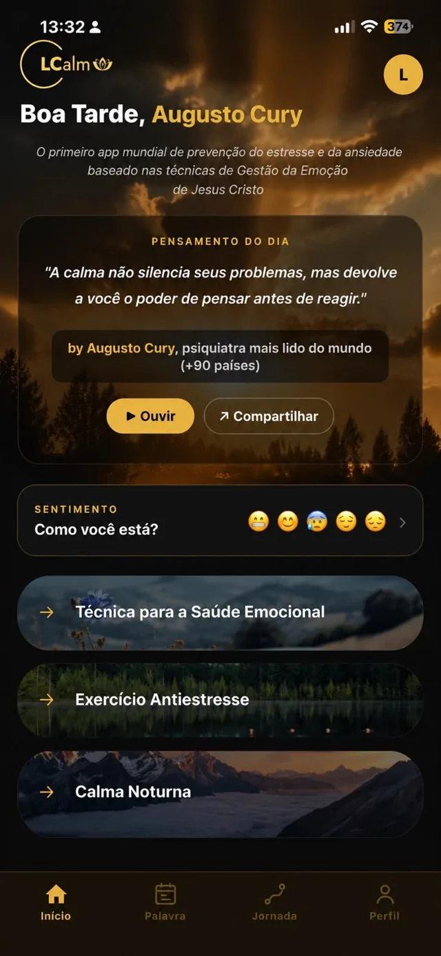 Tela inicial do app LifeCalm com o Pensamento do Dia de Augusto Cury